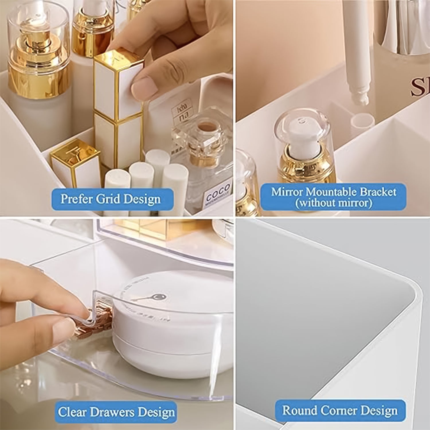 Multi-Functional Plastic Vanity Storage Box with Rotating Tray & Dual Drawers – Makeup & Cosmetic Organizer (Elegant White)