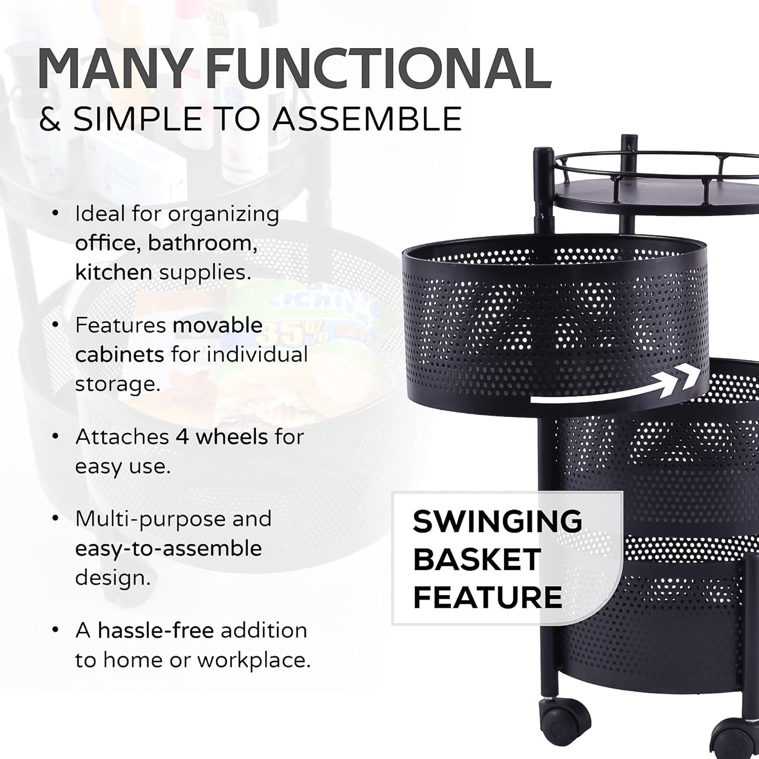Metal Round High-Quality Kitchen Trolley – 4 Layer Rotating Rack with Wheels