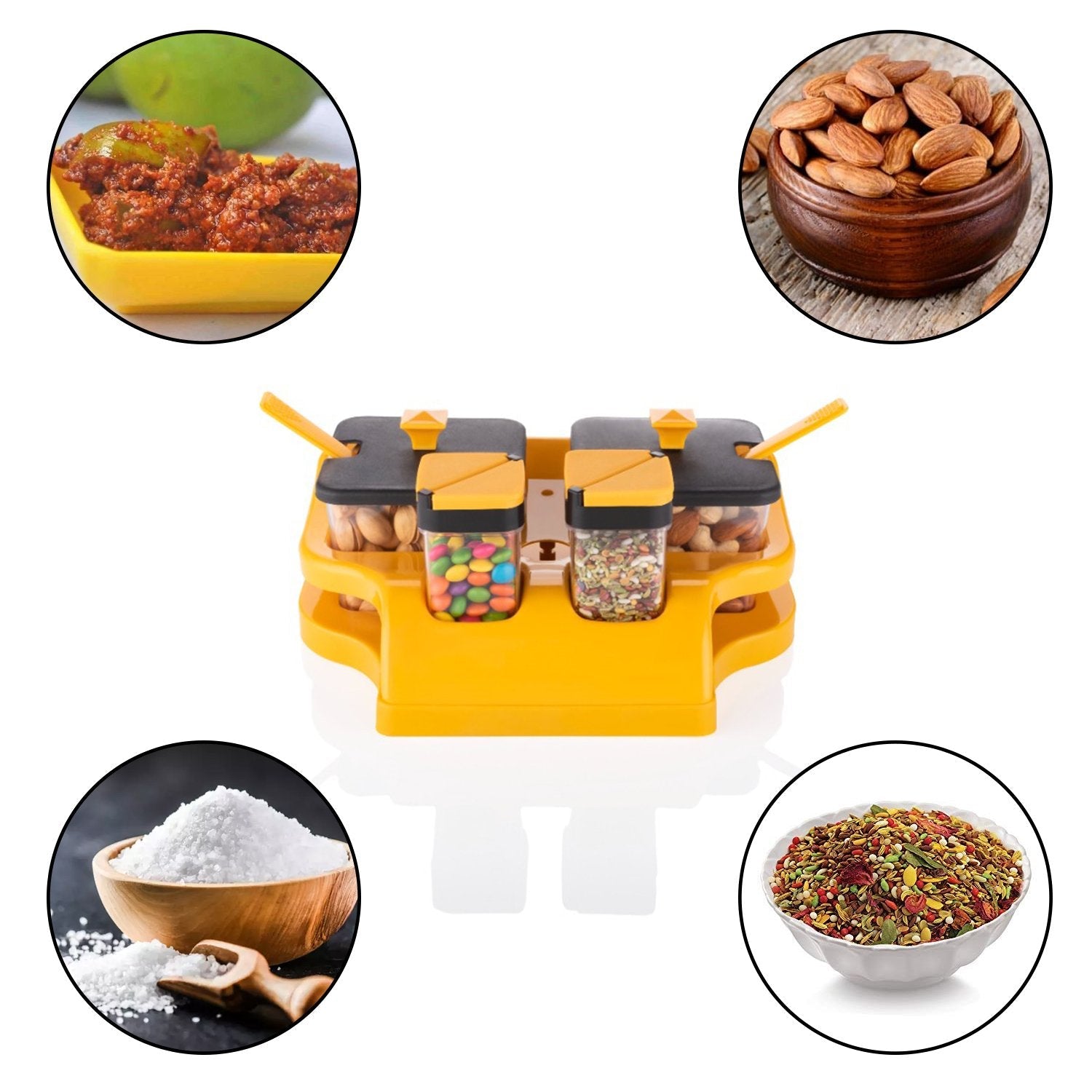 Multipurpose 4-Piece Spice & Achar Jar Set – Transparent Containers with Spoons & Tray Holder