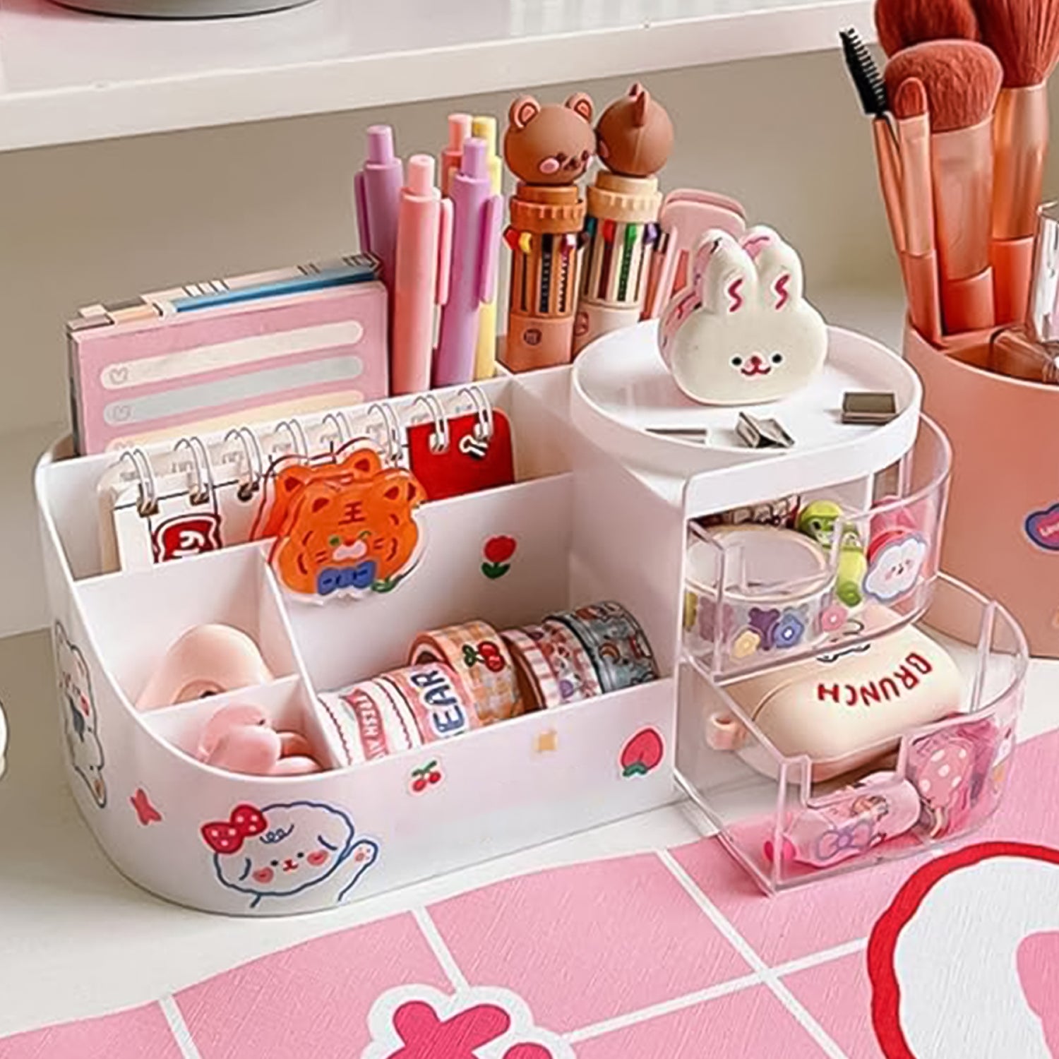 Multi-Functional Plastic Vanity Storage Box with Rotating Tray & Dual Drawers – Makeup & Cosmetic Organizer (Elegant White)