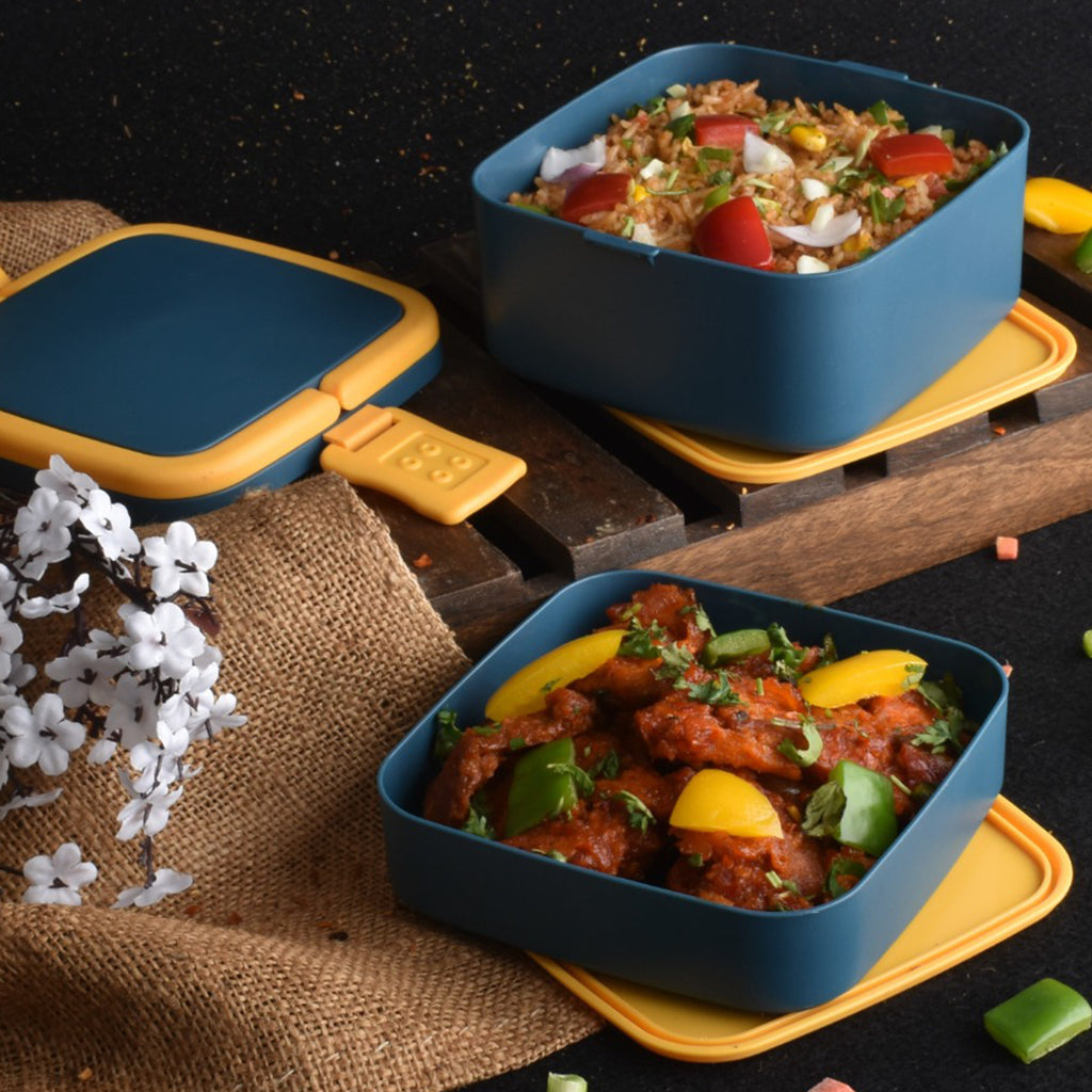 Blue Double-Layer Lunch Box – Stackable, BPA-Free with Handle & Spoon (2 Compartments, Portable Design)