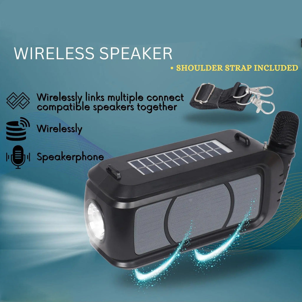 5W Wireless Bluetooth Speaker with Mic – Solar Charging, LED Torch, USB/TF/FM, Adjustable Strap