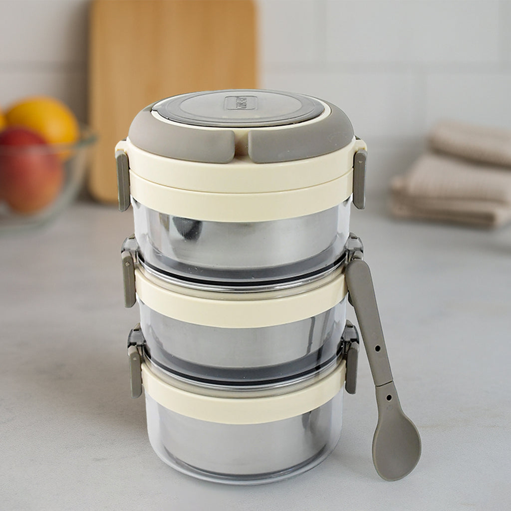 Steko-3 Triple Layer Insulated Lunch Box – Leakproof Stainless Steel Tiffin with Spoon & Clip Lock for Office, School & Travel