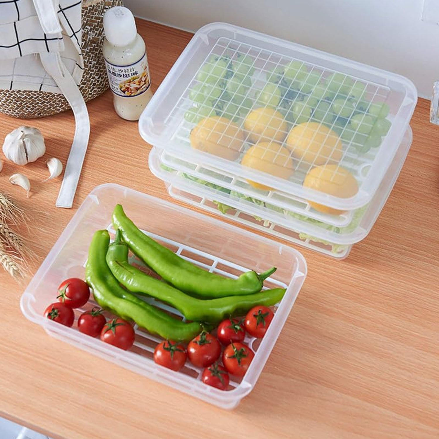 Plastic Food Storage Containers – Stackable Fridge Organizer with Drain Tray & Lid (3 Pc Set)