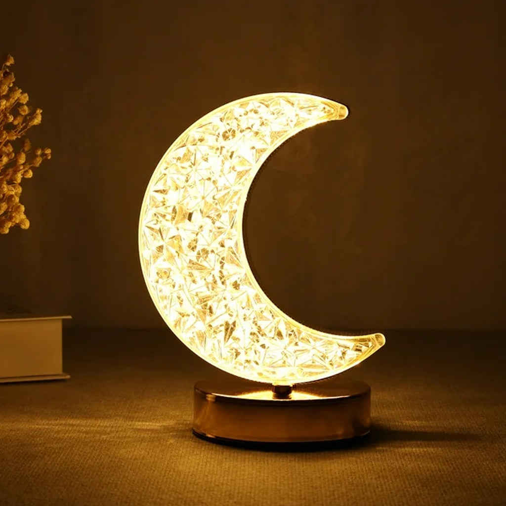 Crystal Table Lamp – Moon Shape Touch Control with 3 Colors & Stepless Dimming (USB Charging)