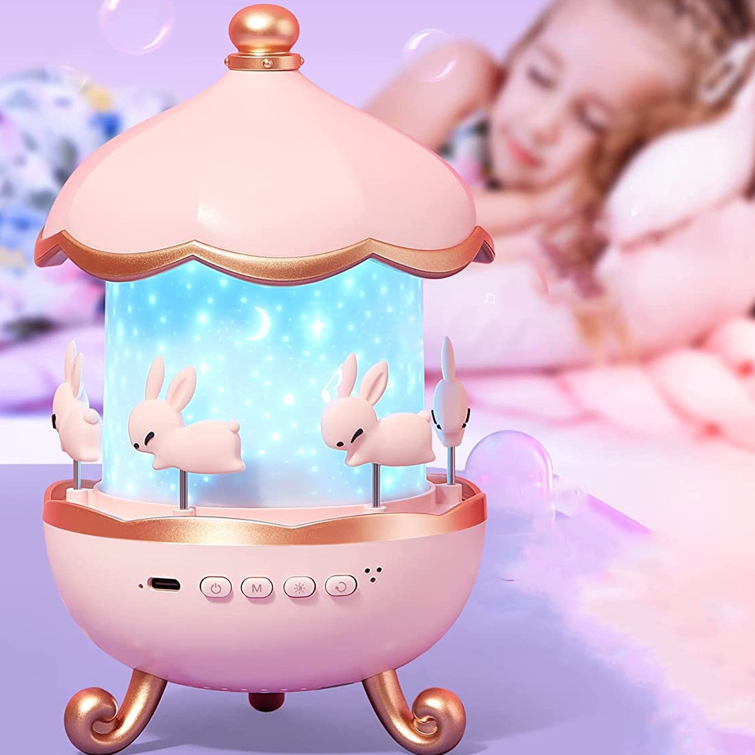 🌙 Bunny’s Carousel Rotating LED Night Light Projector with Music – USB Rechargeable
