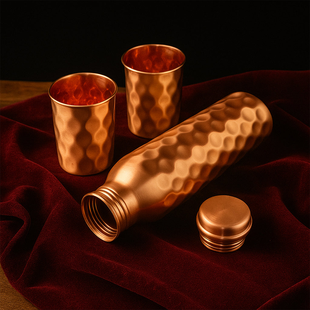 Copper Water Bottle Gift Set – 1000ml Bottle + 2 Glasses with Gift Box & Carry Bag (3 Pc Set, Honeycomb Design)