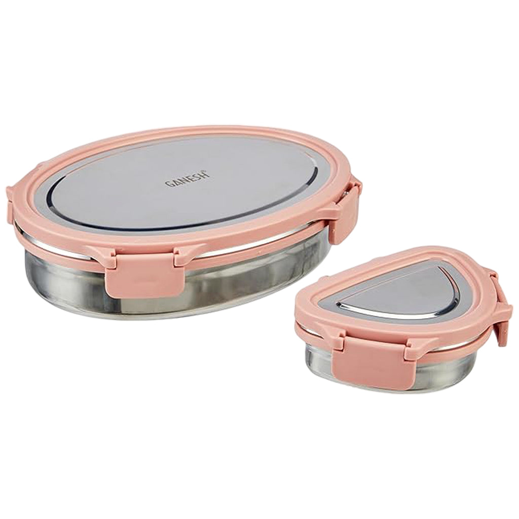 Ganesh Classy 2-Piece Lunch Box – Oval & Triangle Stainless Steel Tiffin with Clip-Lock Lids (Elegant Pink, 800ml + 180ml)