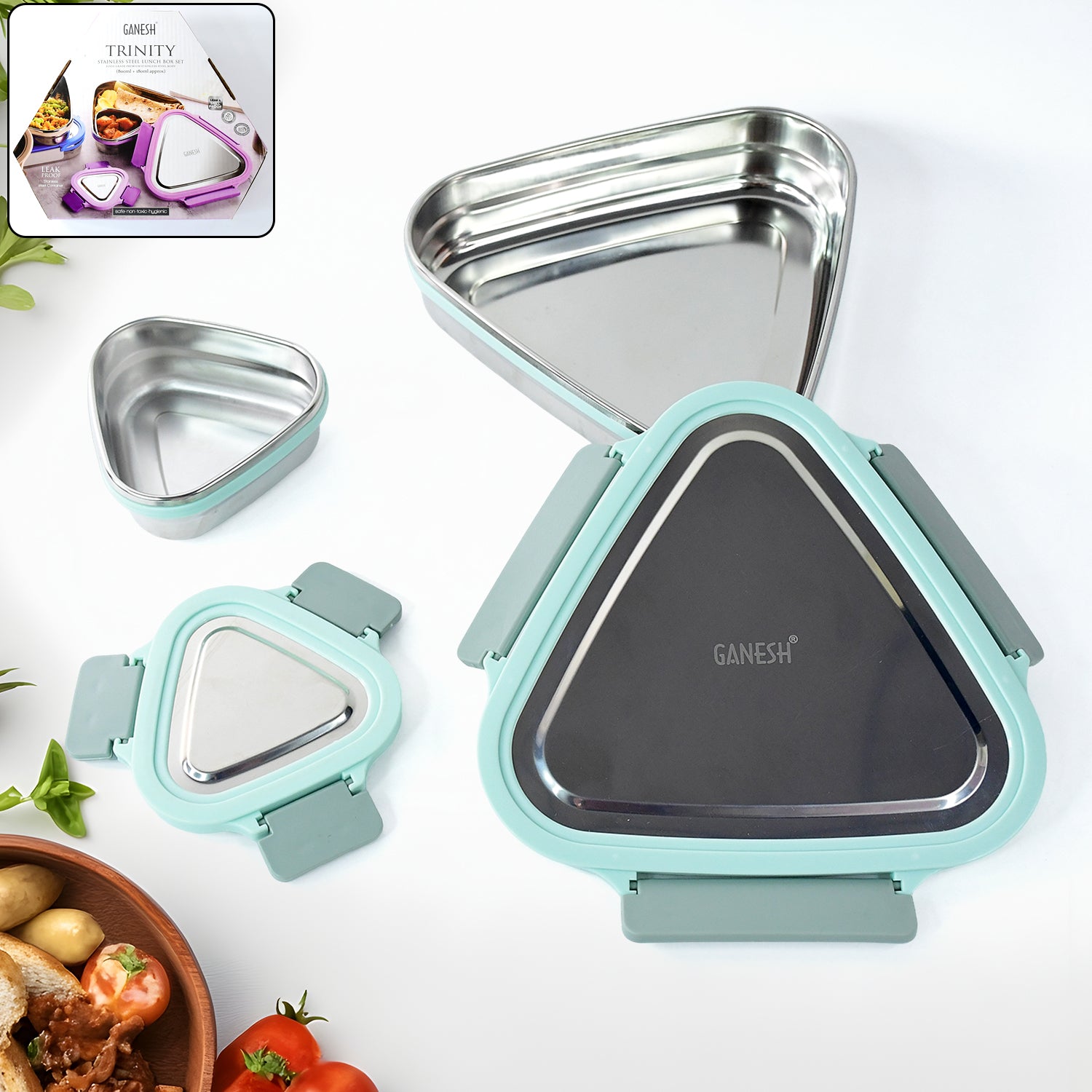 Ganesh Trinity Triangle Lunch Box – 2-Piece Stainless Steel Compact Tiffin with Clip Lock for Office, School & Travel