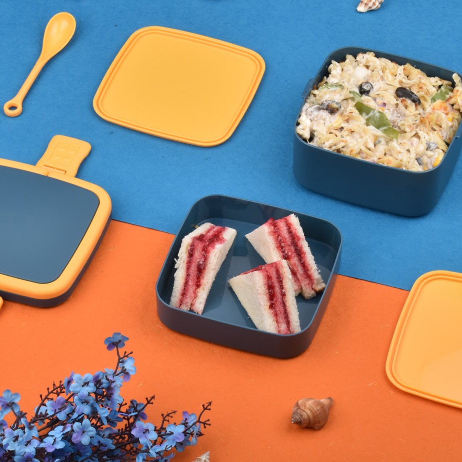 Blue Double-Layer Lunch Box – Stackable, BPA-Free with Handle & Spoon (2 Compartments, Portable Design)