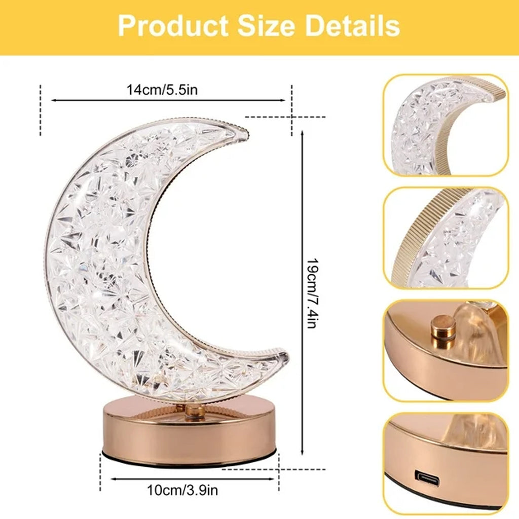 Crystal Table Lamp – Moon Shape Touch Control with 3 Colors & Stepless Dimming (USB Charging)