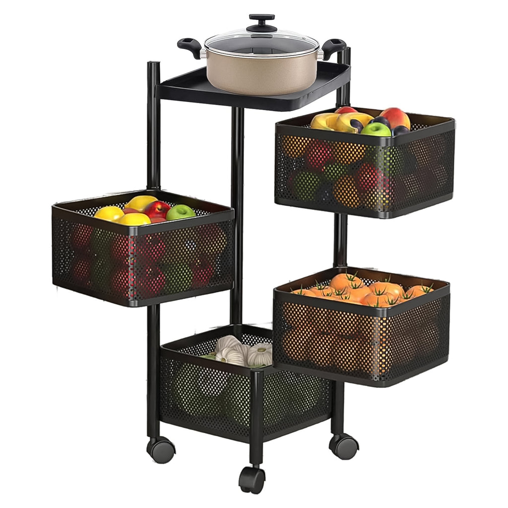 Metal Square Kitchen Trolley with Wheels – 4 Layer Rotating Storage Rack for Vegetables & Fruits (1 Pc)