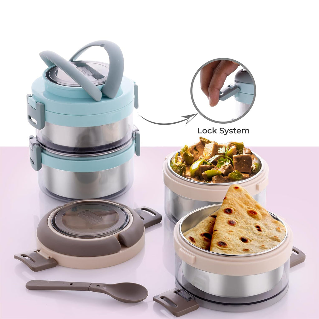 Steko-2 Insulated Lunch Box – Double Layer Stainless Steel Tiffin with Foldable Spoon & Clip Lock (750ml)