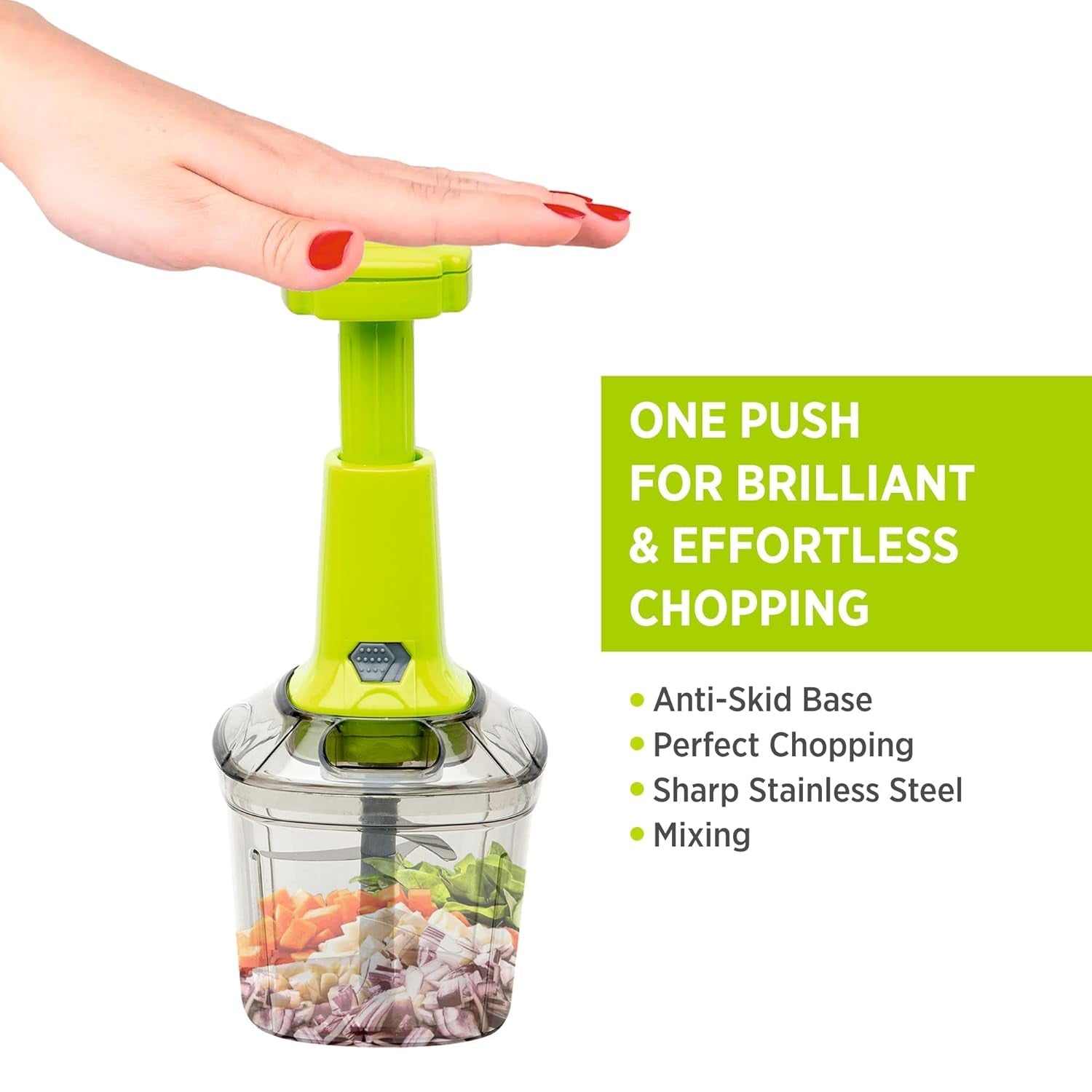2 in 1 Push Vegetable Chopper – 1100ml Manual Cutter with 6 Stainless Steel Blades