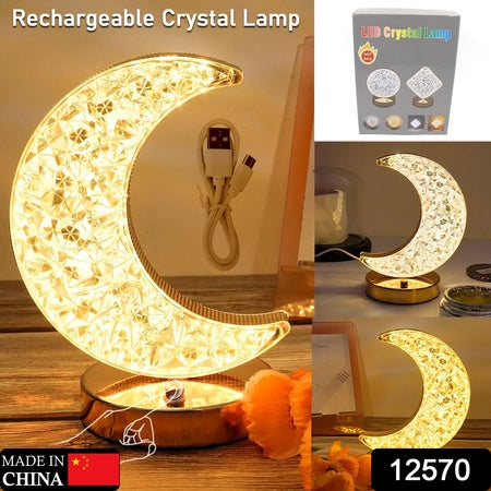 Crystal Table Lamp – Moon Shape Touch Control with 3 Colors & Stepless Dimming (USB Charging)