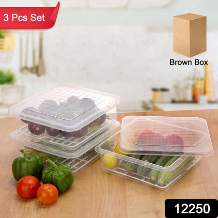 Plastic Food Storage Containers – Stackable Fridge Organizer with Drain Tray & Lid (3 Pc Set)