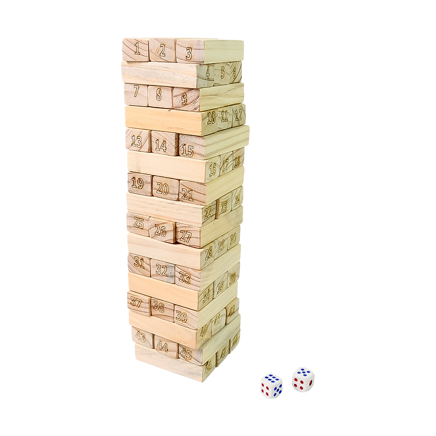 🪵 Wooden Tumbling Tower Game – 48 Blocks + Dice for Family, Kids & Outdoor Fun