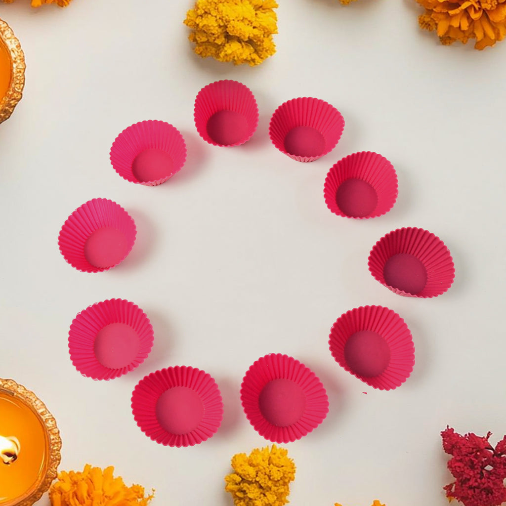 Cup Cake Silicone Moulds – Set of 10 Reusable Non-Stick Baking Cups for Cupcakes, Muffins & Jelly (Random Color)