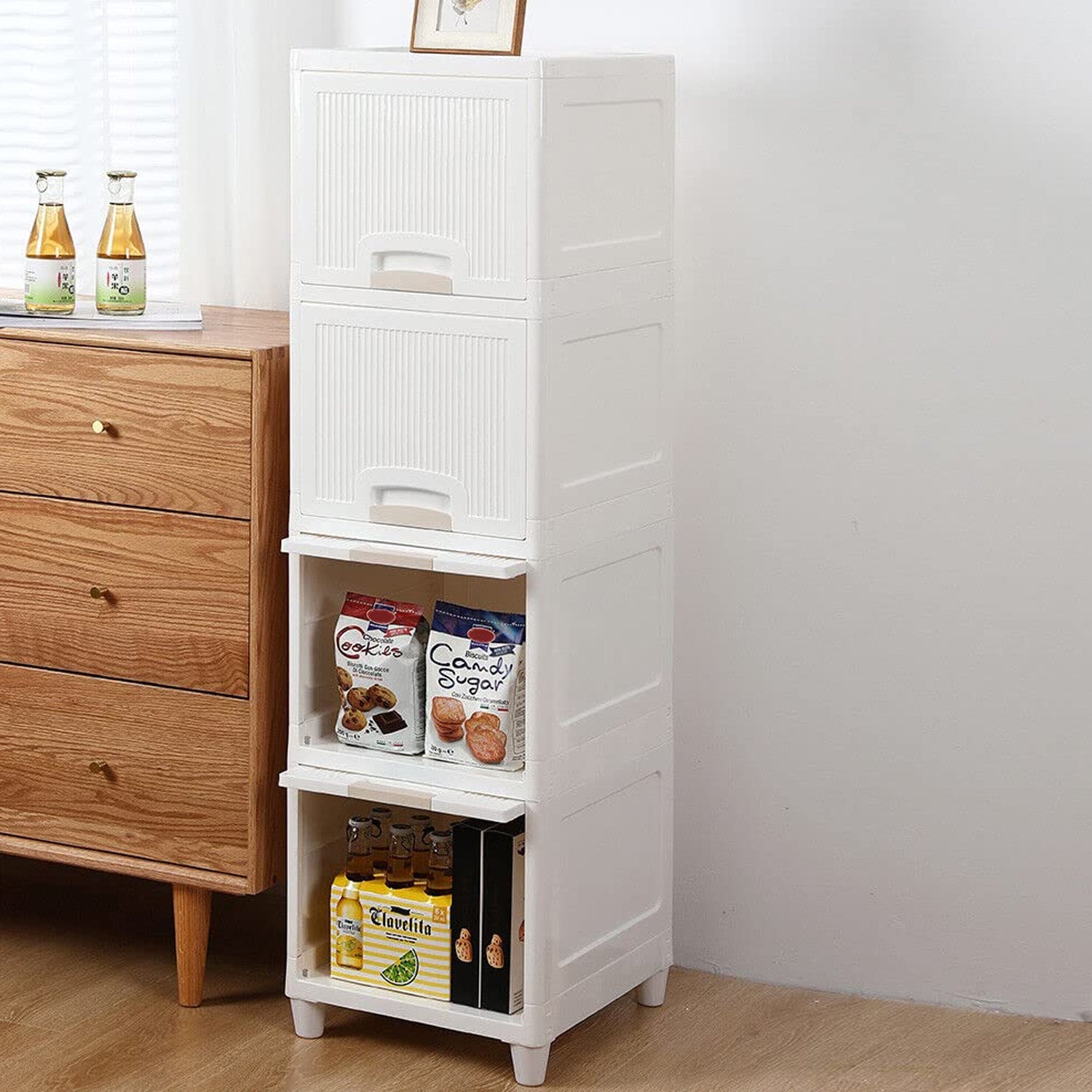 Multipurpose 4-Layer Plastic Storage Cabinet – Foldable Modular Drawer Organizer for Kitchen, Bathroom, Bedroom & Kids’ Room