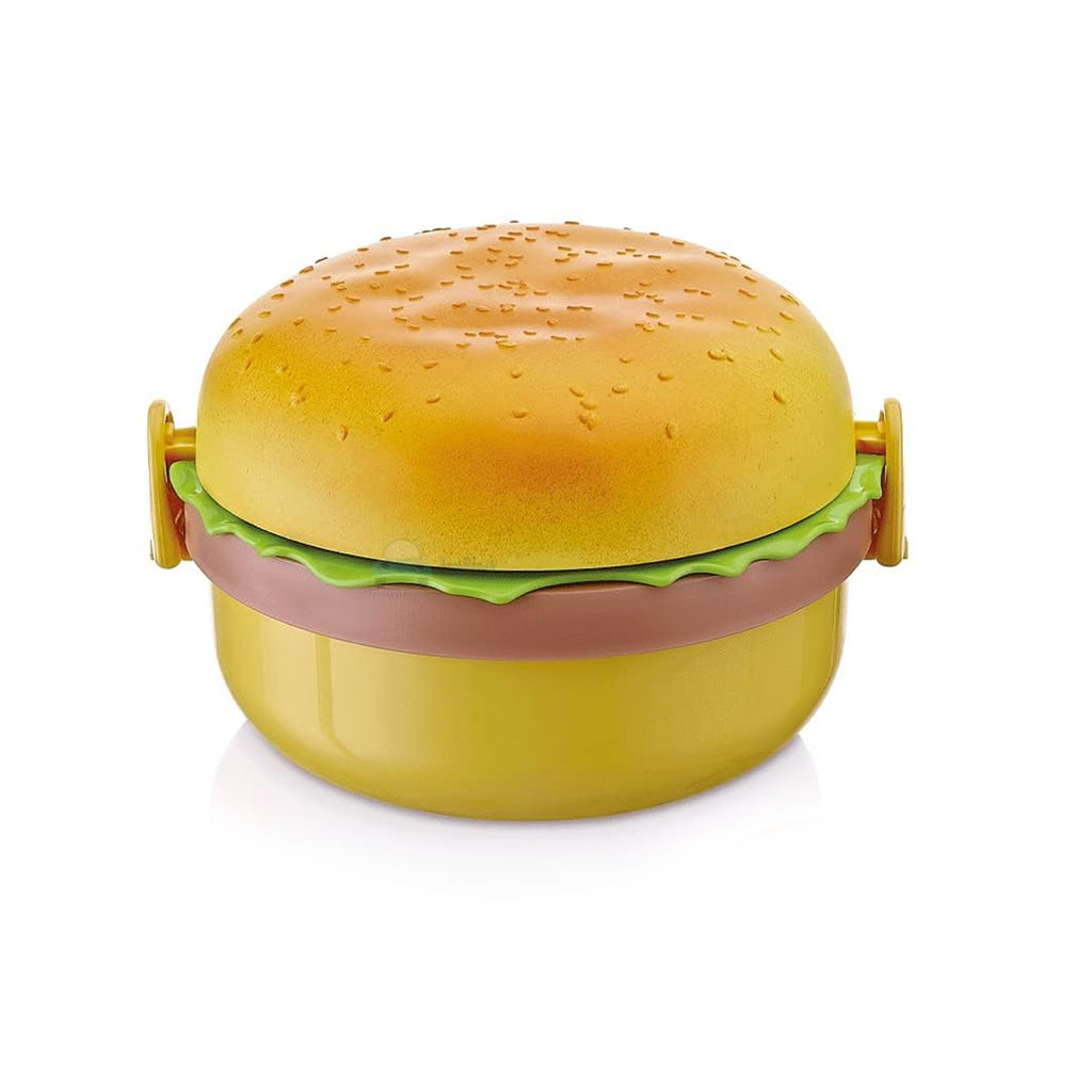 Burger Shape Lunch Box – Double Layer Bento Tiffin with Spoon & Fork (1000ml, BPA-Free for Kids & School)