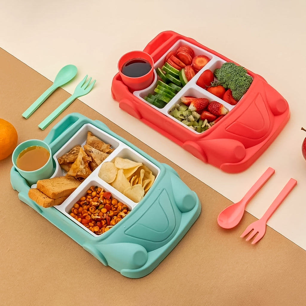 Kid's Car-Shaped Plates Cup & Lunch Box Dinnerware Set – 4 Pc Feeding Tableware with Spoon & Fork | 1000 ML