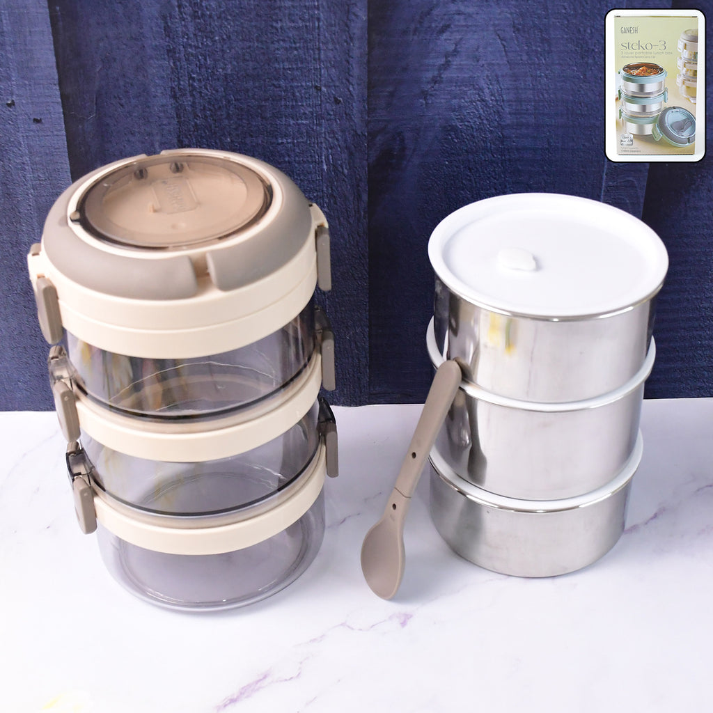 Steko-3 Triple Layer Insulated Lunch Box – Leakproof Stainless Steel Tiffin with Spoon & Clip Lock for Office, School & Travel