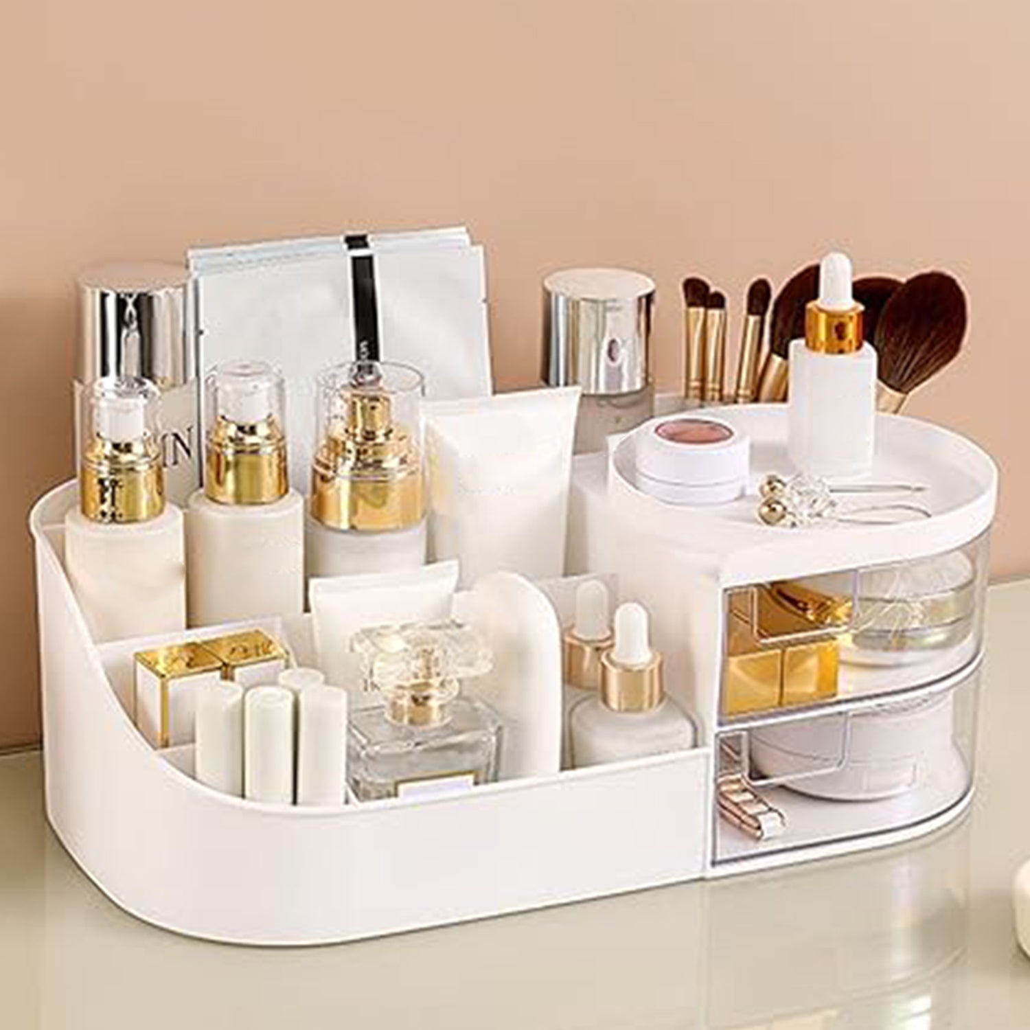 Multi-Functional Plastic Vanity Storage Box with Rotating Tray & Dual Drawers – Makeup & Cosmetic Organizer (Elegant White)