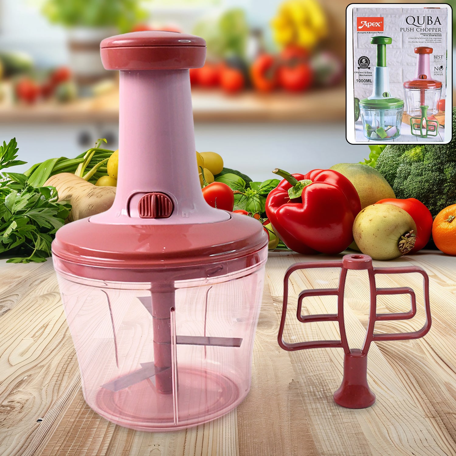 Apex Quba 1000ml Push Chopper – Manual Vegetable & Fruit Cutter with Mixing Blade