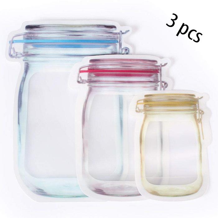 Transparent Jar-Shaped Stand-Up Pouch Set – Reusable Airtight Zipper Bags (Small, Medium, Large – Multipack)