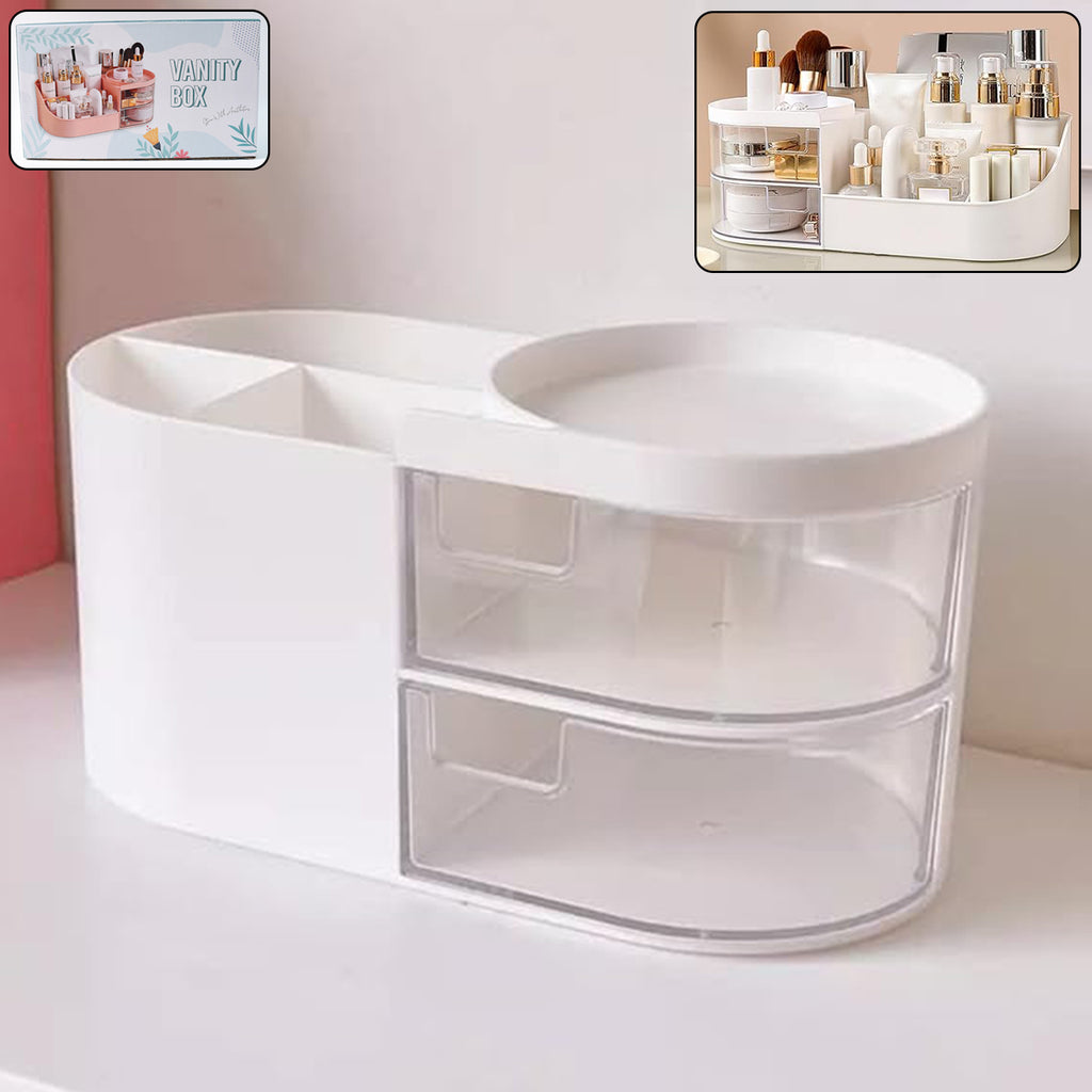 Multi-Functional Plastic Vanity Storage Box with Rotating Tray & Dual Drawers – Makeup & Cosmetic Organizer (Elegant White)