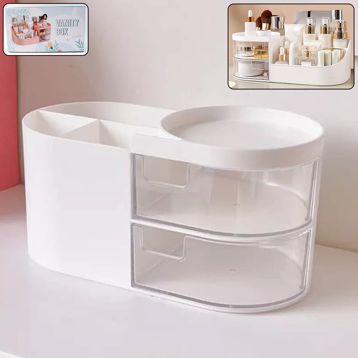 Multi-Functional Plastic Vanity Storage Box with Rotating Tray & Dual Drawers – Makeup & Cosmetic Organizer (Elegant White)