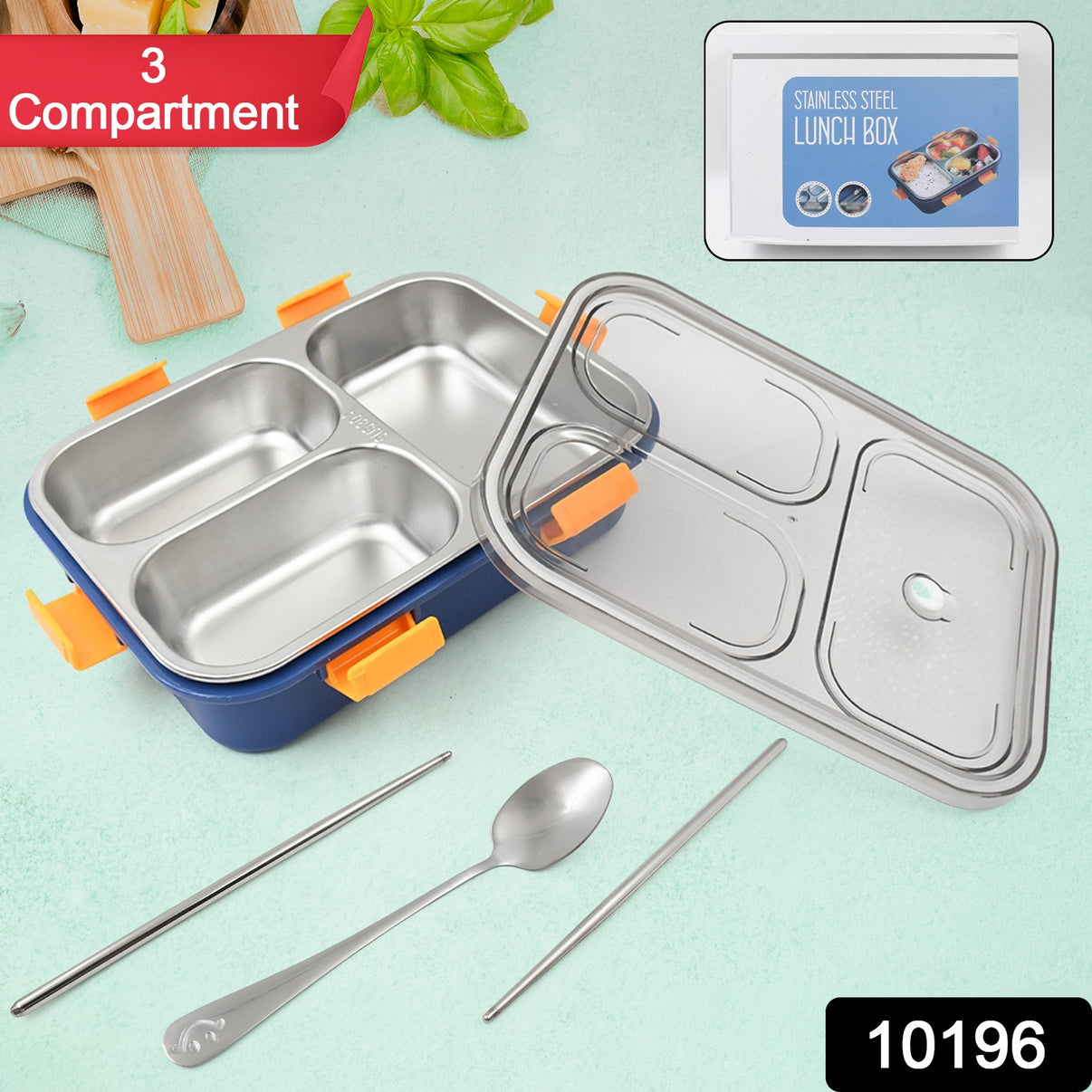 3 Compartment Transparent Stainless Steel Lunch Box With A Spoon And A Pair Of Chopsticks