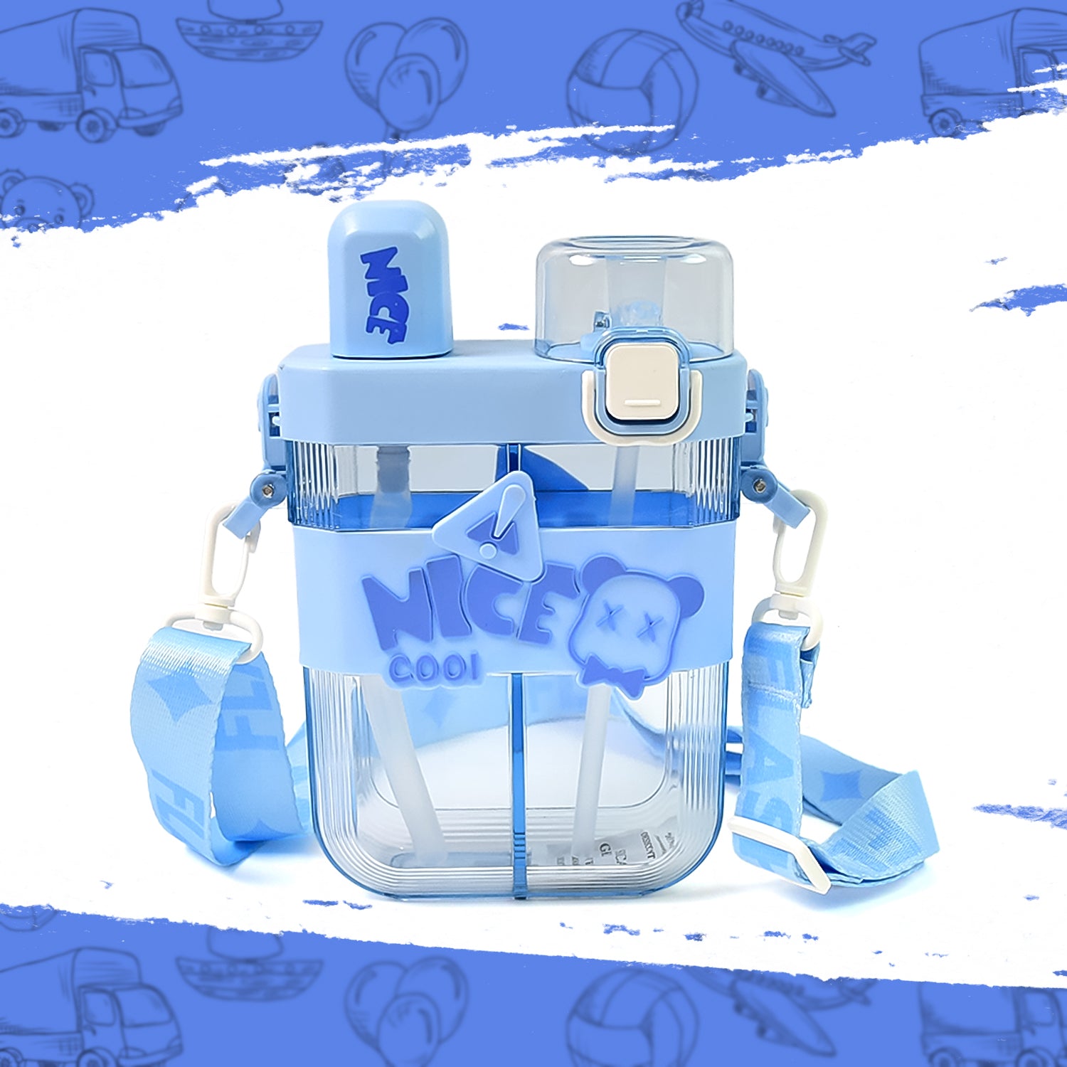 2in1 Dual Compartment Water Bottle with Straw & Shoulder Strap – Multicolor (1 Pc)