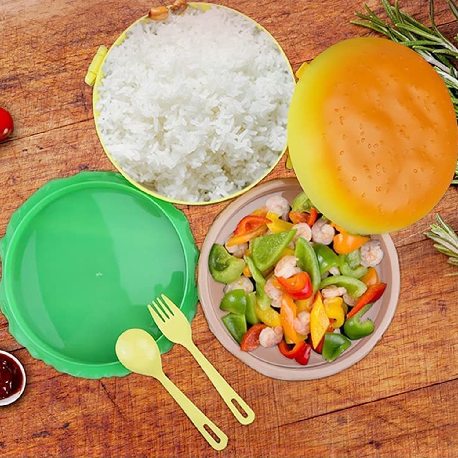 Burger Shape Lunch Box – Double Layer Bento Tiffin with Spoon & Fork (1000ml, BPA-Free for Kids & School)