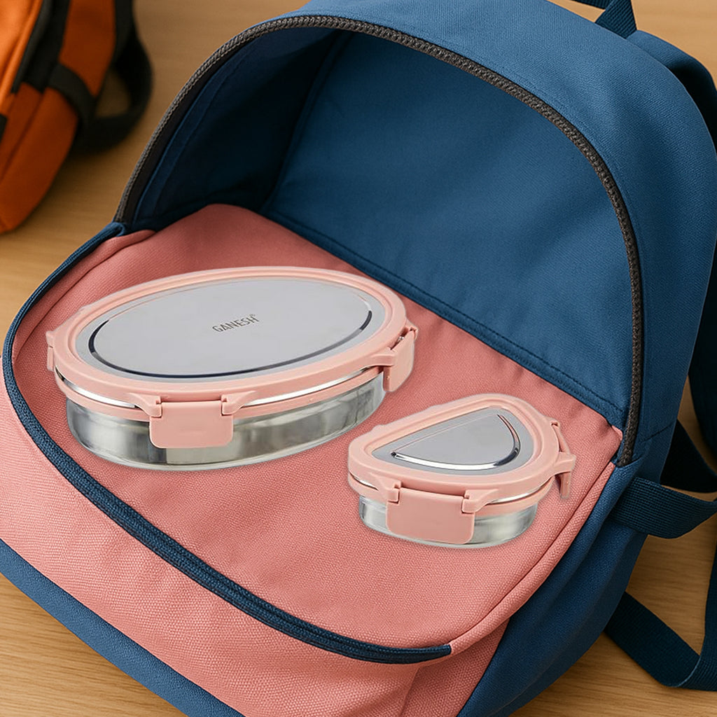 Ganesh Classy 2-Piece Lunch Box – Oval & Triangle Stainless Steel Tiffin with Clip-Lock Lids (Elegant Pink, 800ml + 180ml)