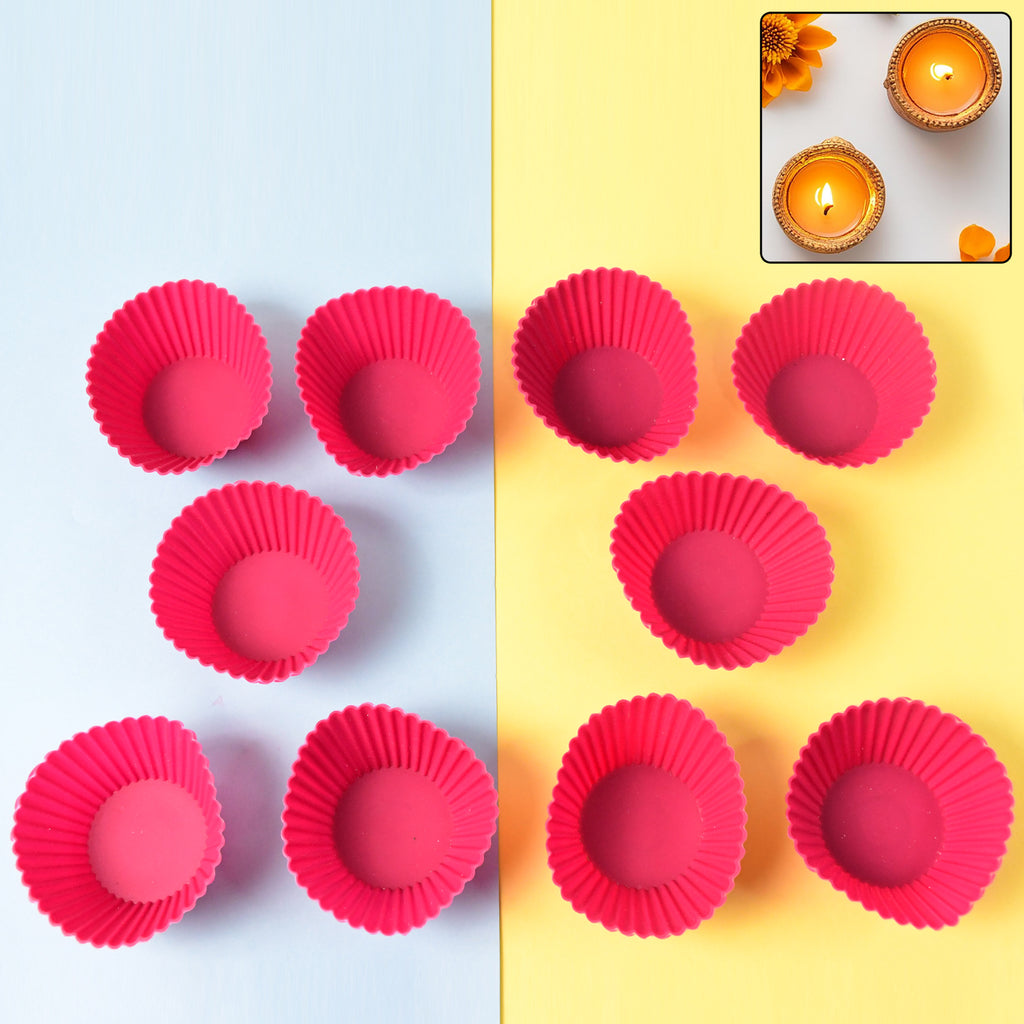 Cup Cake Silicone Moulds – Set of 10 Reusable Non-Stick Baking Cups for Cupcakes, Muffins & Jelly (Random Color)