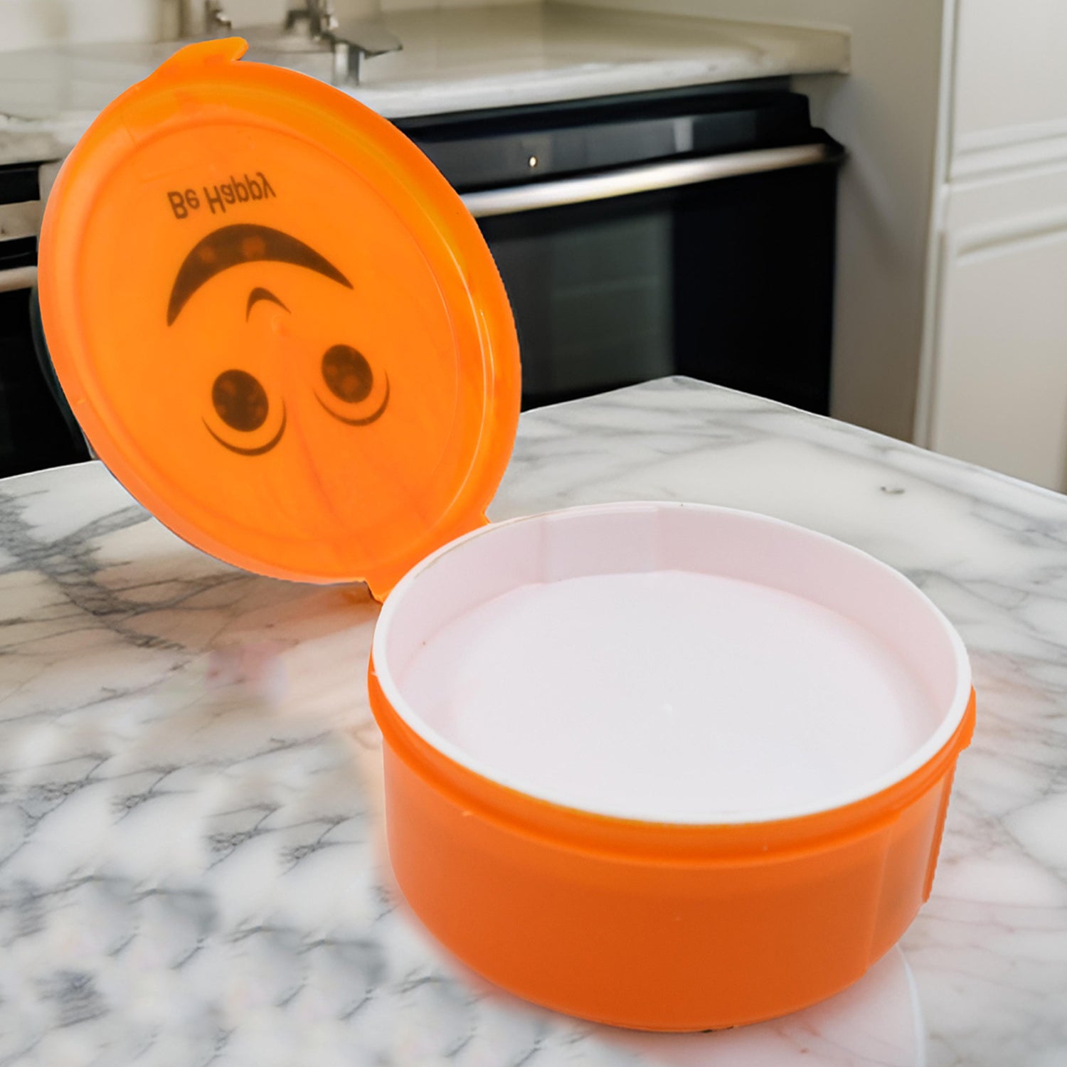 Smily Lunch Box for Kids – 2 Compartment Round Tiffin with 2-in-1 Spoon (400ml, Multicolour)