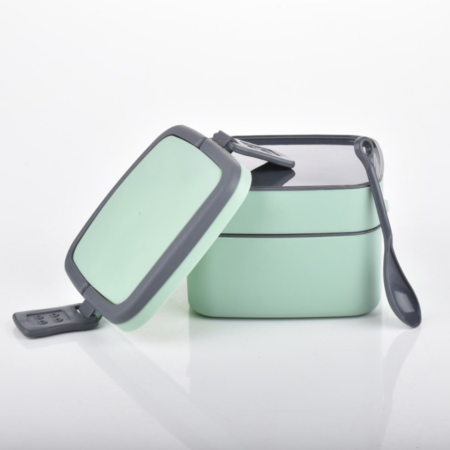 Green Double-Layer Portable Lunch Box – Stackable with Handle & Spoon (2 Compartments)