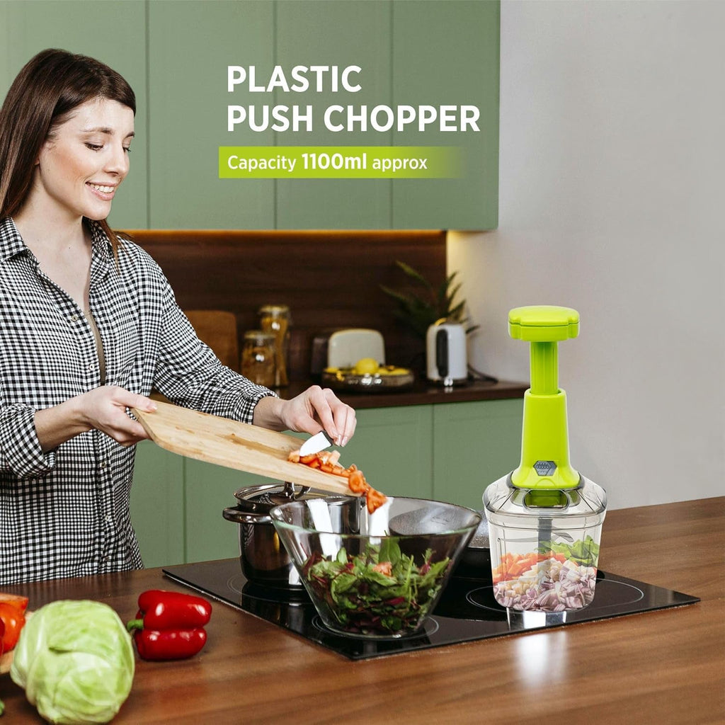 2 in 1 Push Vegetable Chopper – 1100ml Manual Cutter with 6 Stainless Steel Blades