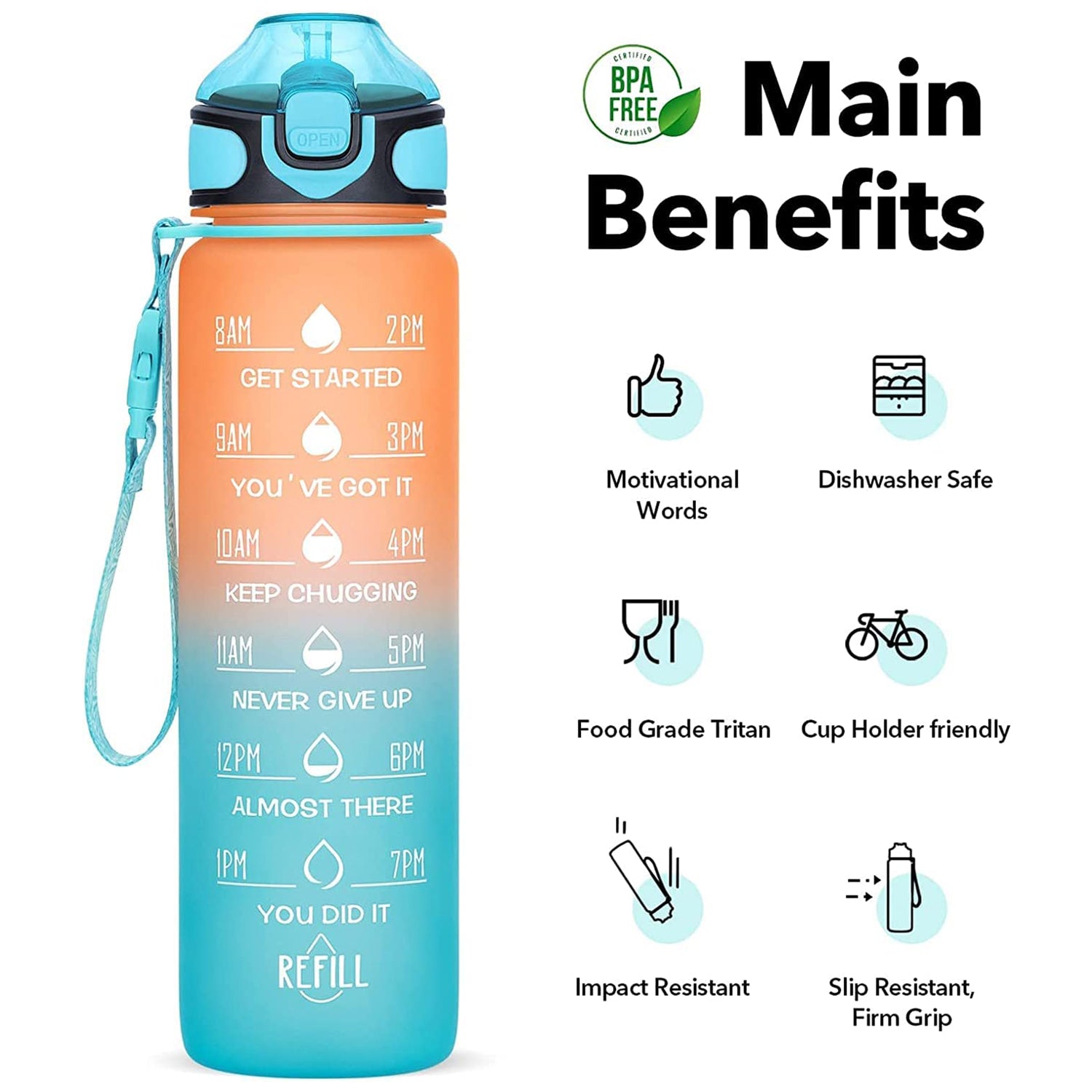Motivational Water Bottle with Straw – BPA-Free & Leakproof (600–700 ML)