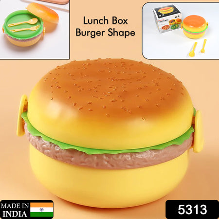 Burger Shape Lunch Box – Double Layer Bento Tiffin with Spoon & Fork (1000ml, BPA-Free for Kids & School)