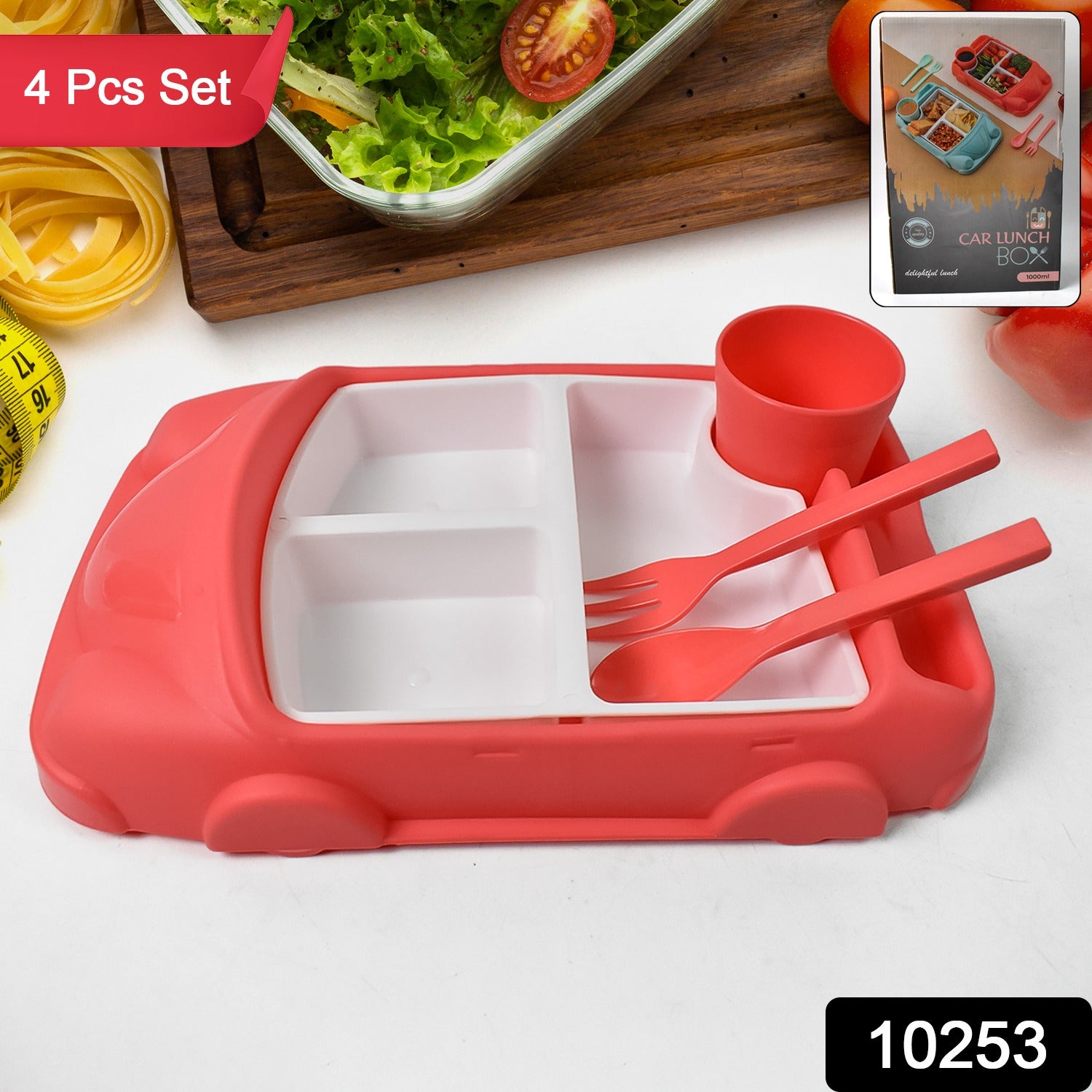 Kid's Car-Shaped Plates Cup & Lunch Box Dinnerware Set – 4 Pc Feeding Tableware with Spoon & Fork | 1000 ML