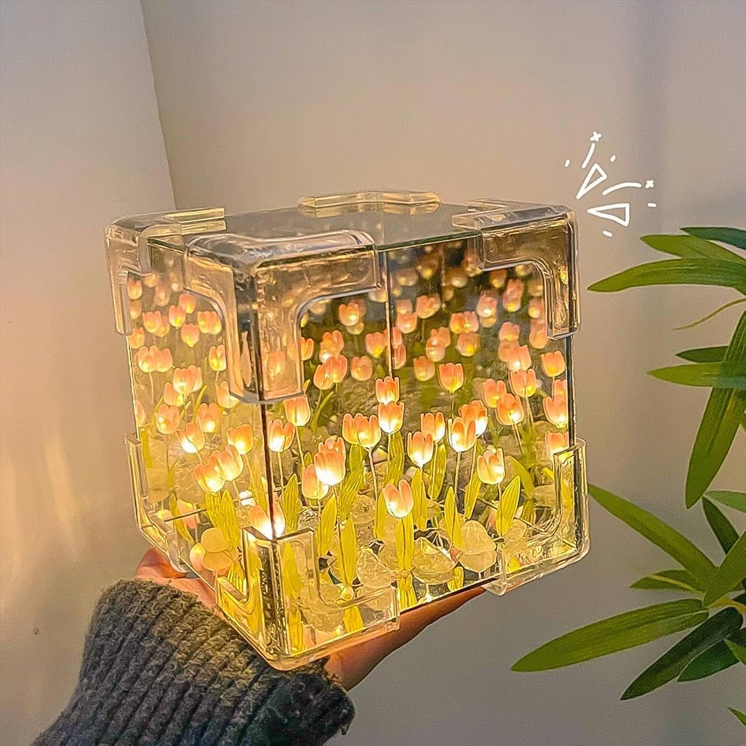 Cube Tulip Night Lamp – 2-in-1 Mirror & LED Flower Light (Multicolor | 1 Set)