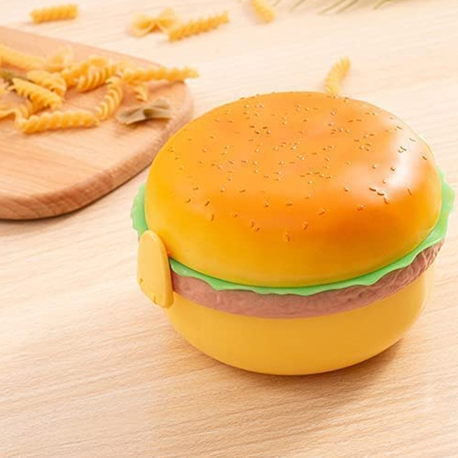 Burger Shape Lunch Box – Double Layer Bento Tiffin with Spoon & Fork (1000ml, BPA-Free for Kids & School)