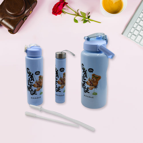1100 ML Sports Water Bottle with H3 Pc Cartoon Printed Water Bottle Set – BPA-Free, Leakproof, Multi-Sizeandle – BPA-Free & Leakproof (Mix Color)