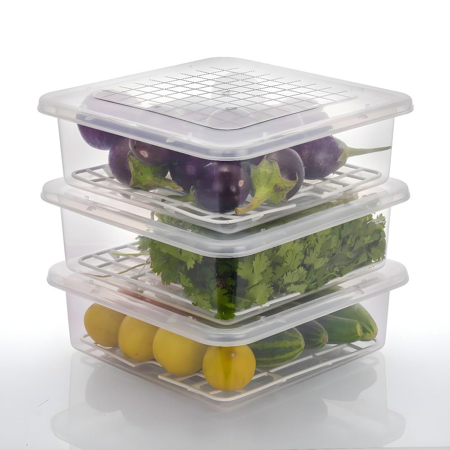 Plastic Food Storage Containers – Stackable Fridge Organizer with Drain Tray & Lid (3 Pc Set)