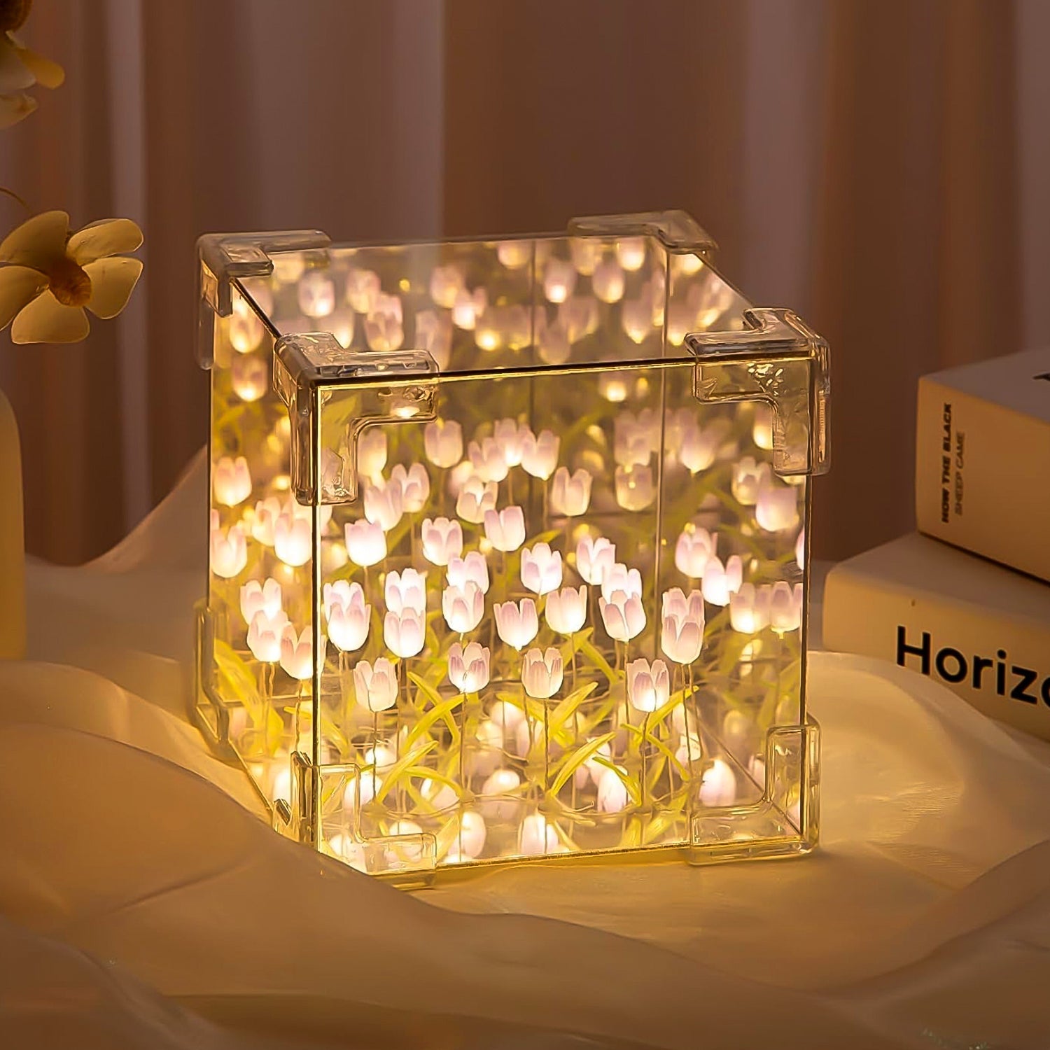 Cube Tulip Night Lamp – 2-in-1 Mirror & LED Flower Light (Multicolor | 1 Set)