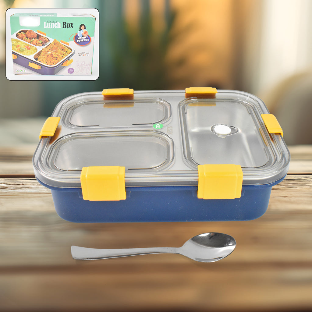 3-Compartment Transparent Stainless Steel Lunch Box – Leak-Proof Tiffin for Kids & Adults (Office, School, Travel Use)