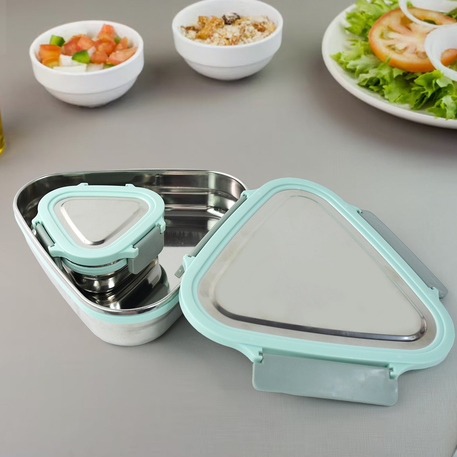 Ganesh Trinity Triangle Lunch Box – 2-Piece Stainless Steel Compact Tiffin with Clip Lock for Office, School & Travel