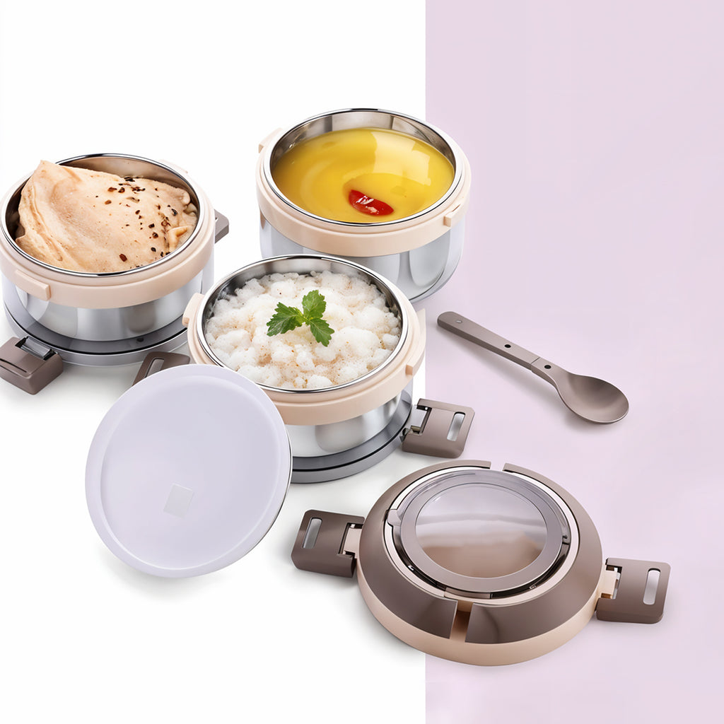Steko-3 Triple Layer Insulated Lunch Box – Leakproof Stainless Steel Tiffin with Spoon & Clip Lock for Office, School & Travel